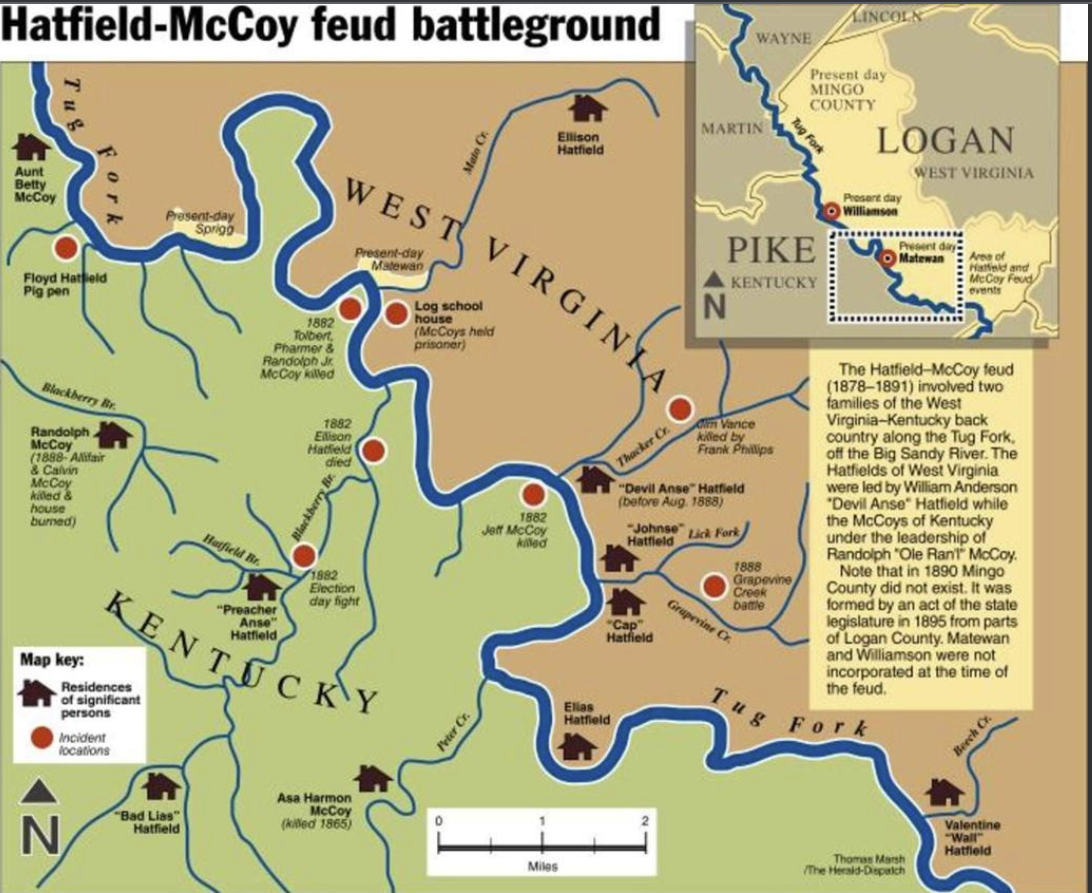 Map of Hatfield McCoy feud locations around Tug Fork near Matewan West Virginia loading=
